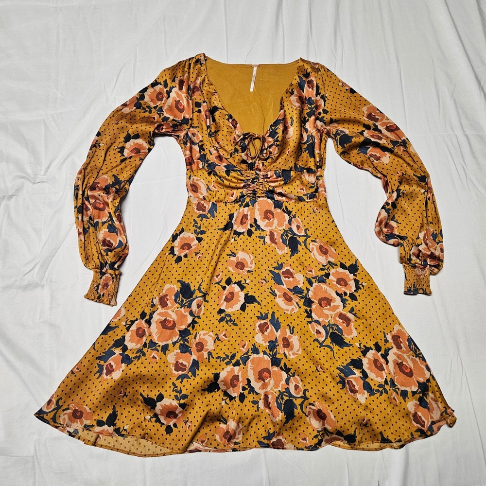 Free People Mini Dress Womens 0 Mustard Yellow Floral Polka Dot Long Sleeve Boho
